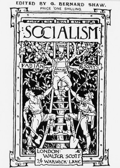G.B.ショーが編集したフェビアン協会の雑誌「Socialism」の表紙。資本を象徴する最上位の特権者が、二丁拳銃で労働者を監督している様子を寓意的に表現している。エングレーヴィング。 作： Unknown artist