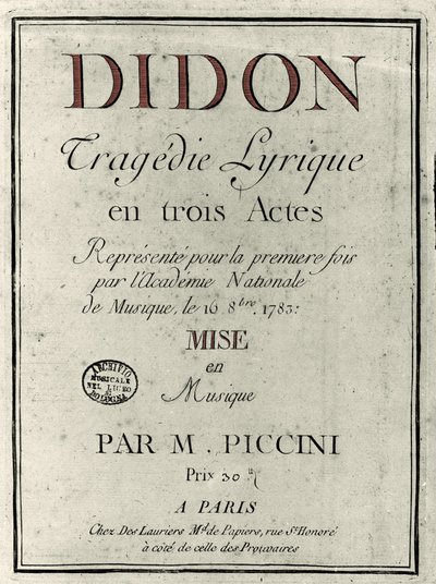 作曲家Niccolo Vito Piccinni（またはPiccini）（1728-1800）によるオペラ「Didon」のリブレットの表紙。1783 作： Unknown artist