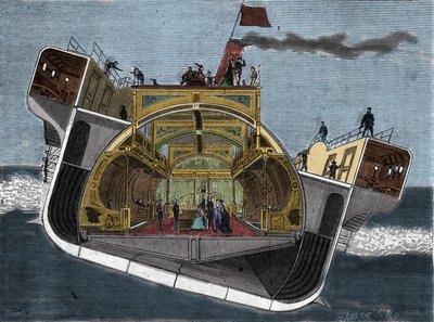 ヘンリー・ベッセマー（1813-1898）が船酔い防止のために設計したボートの断面図。19世紀のエングレーヴィング。 作： Unknown artist