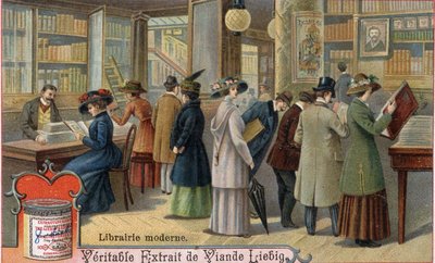 近代的な本屋の客と書店員、19世紀後半。クロモリトグラフィー、リービッヒ像。 作： Unknown artist