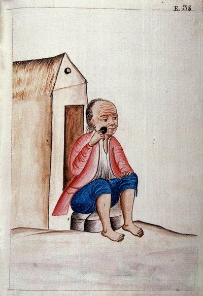 ペルーの日常生活と習慣: "" Indian shaving his beard on his doorstep "" Trujillo del Peru "" Trujillo司教Baltasar Martinez Companon y Bajanda (1782-1785)の本から抜粋した水彩画。18世紀 Madrid.パラシオ・リアル図書館 作： Unknown artist