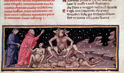ダンテとヴァージルが大食漢のチァッコとセルベレに出会う（『神曲』の地獄の歌9） - ミニチュア 作： Unknown artist