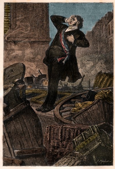 アルフォンス・ボーダン（1811-1851）の死 - 1851年3月12日、ルイ・ナポレオン3世（ルイ・ナポレオン・ボナパルト）のクーデターの際にフォーブル・サン・アントワーヌのバリケードで - ヴィクトル・ユーゴーの『犯罪史』に掲載された彫刻 - Premie 作： Unknown artist