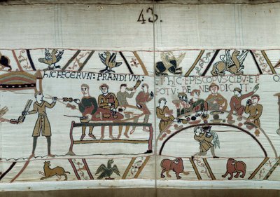イングランドのデバルク、征服王ウィリアム（1027-1087）の武器は、ハロルド2世のサクソン人の武器と戦うために待っている間、ごちそうを作っている。ギヨームは男爵たちに囲まれ、バイユー・タペストリーやマチルド王妃の刺繍のイヴク・オドンのディテール 作： Unknown artist