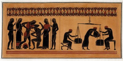 テゼによるミノタウロスの討伐 - 「エトルスクと呼ばれる古代の壺の絵画」は、様々なコレクションから選ばれ、A.クレンナーが彫刻し、A.L.ミレンが解説を添えています。デュボア-メゾンヌーブ著。メゾン・アルフォートの図書館、ヴェット 作： Unknown artist