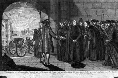 1773年7月21日、イエズス会士の国外追放。スペイン王、ナポリ、パルマ公国からイエズス会を追放し、フランスとポルトガルではイエズス会の活動を禁止する。19世紀初頭に描かれた版画 作： Unknown artist