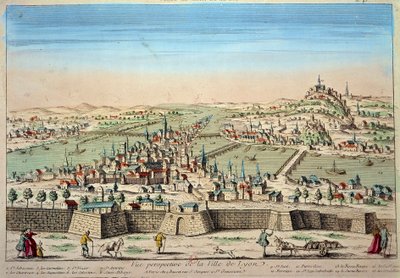 ローヌ川とソーヌ川のほとりにあるリヨンの街の詳細図。17世紀のパリB.N.のエングレーヴィング。 作： Unknown artist