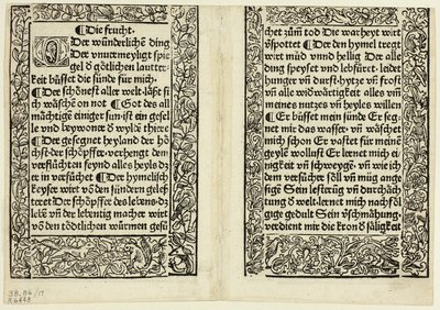 15世紀の書物の木版画から、「キリストの生活と幸福のための聖書」（Andächtig Zeitglöcklein des Leben und Leidens Christi）より、飾り罫のある献身的な一節。 作： Unknown artist
