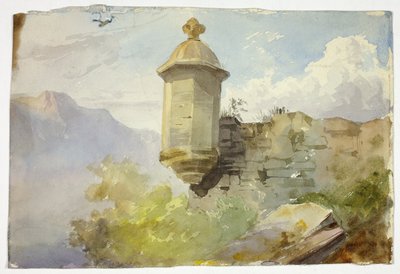 山の風景の中の壁のドーム型展望台（レクト）、山の手前で橋を渡る人物（裏面） 作： Unknown artist