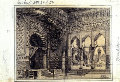 ジュゼッペ・ヴェルディ（1813〜1901）が1843年に作曲したオペラ「第一回十字軍のロンバルディ」の第2幕第3場の装飾用ドローイング。 作： Unknown artist