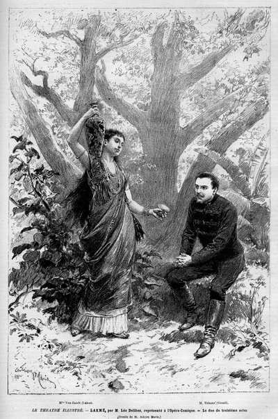 1883年4月14日にパリのオペラ・コミック座で初演されたレオ・ドリーブ、エドモン・ゴンディネ、フィリップ・ジルのオペラ「ラクメ」の第3幕の歌手マリー・ヴァン・ザントとのデュオ。1883年の「Le Monde illustrious」誌に掲載されたエングレーヴィング。個人蔵 作： Unknown artist