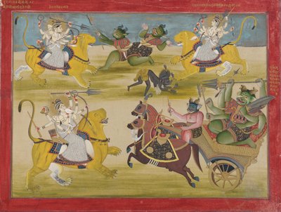 Devi Mahatmya から、Rakshasas Shunga と Nishunga と戦うドゥルガー 作： Unknown artist