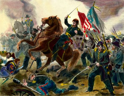 アメリカの分離独立戦争（1862-1865）または南北戦争のエピソード。アメリカ連邦軍の将軍ユリシーズ・シンプソン・グラント（1822-1885）が分離同盟国の軍隊と戦っているところ。19世紀のエングレーヴィング Private Collecti 作： Unknown artist