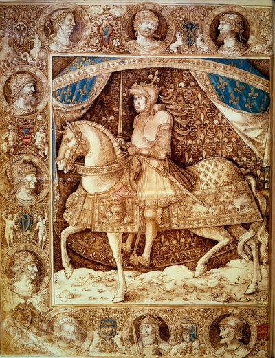 フランス王ルイ12世（1462 - 1515）の騎馬像。アンギュエラン・ド・モンストレ(1390? -1453)による「年代記」フォリオ1vのミニチュア、v.1510。パリ BN 作： Unknown artist