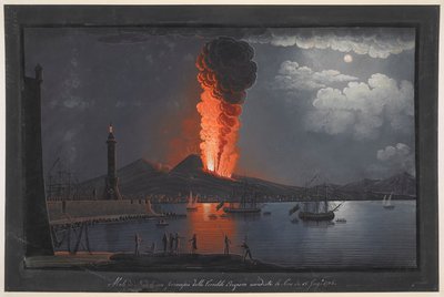 Vesuvius-vuoren purkaus. Yöllinen kohtaus, jossa joukko hahmoja pohtii Vesuviuksen purkausta Napolinlahden vastakkaiselta puolelta, majakka vasemmalla, laivat purjehtivat oikealla ja kaupunki ja tulivuori taustalla; kehyksen sisällä s 作： Unknown artist