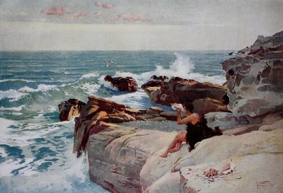 夕刻の海辺 岸辺に座る大きな貝殻の青年 作： Unknown artist