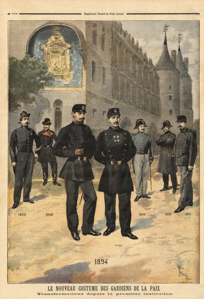 1860年から1894年までの平和維持軍の制服の変遷（パリ、コンシェルジュの時計塔の前で）。1894年9月「Le petit journal」に掲載されたエングレーヴィング。セルバのコレクション。 作： Unknown artist
