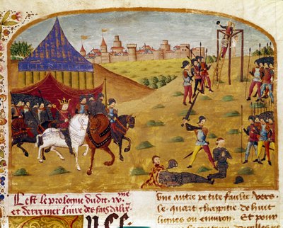 裏切り者の処刑 ミニチュアは、クイントゥス・クルティウス・ルフス（クイントゥス・クルス）（1世紀）による「アレクサンダー大王の事実の書」から抜粋したもので、1468年頃のものです。(Ms 1335) Reims.ランス市立図書館 作： Unknown artist