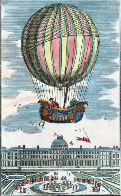 1783年12月1日、チュイルリー公園でのシャルル氏とロバート氏の空気式地球儀の体験。 作： Unknown artist