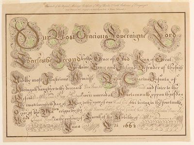 チャールズ 2 世とポルトガルのキャサリンの結婚証明書の複製 作： Unknown artist