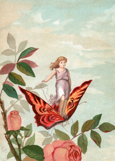 薔薇の中で蝶に乗る妖精 作： Unknown artist