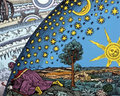中世中期の世界システムの幻想的な表現。18世紀のイタリアの絵が「L