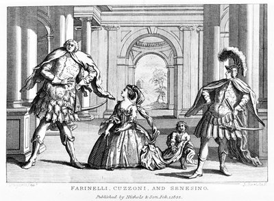 ファリネッリ（Carlo Broschi, dit; 1705 - 1782）は、ソプラノのクッツォーニと、去勢されたフランチェスコ・ベルナルド・セネジーノ（1680 - 1750）と一緒に、ジョージ・フリードリヒ・ヘンデル（Georg Friedrich Handel）のオペラで 作： Unknown artist