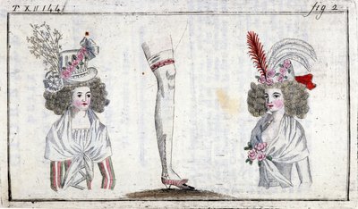 ファッション18世紀：1788年頃の女性のヘアスタイルとガーター。 作： Unknown artist