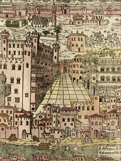フェラーラ：都市の眺め、匿名の木版画の詳細 作： Unknown artist