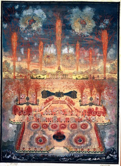 1744 年 6 月 16 日のモスクワ (ロシア) での花火とイルミネーション。 匿名の作品、水彩画、グワッシュ、厚紙、18 世紀半ば。 ロココ アート。 国立歴史博物館、モスクワ。 作： Unknown artist