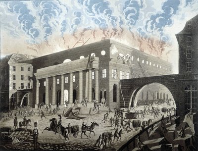 1820年、パリのオデオン座の火災。 作： Unknown artist