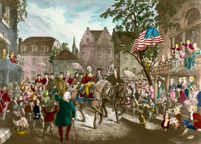 アメリカ独立戦争の第一弾。ジョージ・ワシントン（1732〜1799）がイギリスの敗北後、ニューヨークに凱旋したときの様子 作： Unknown artist