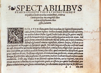 アンドレ・オルニトパルキ（Andreas Ornithoparchus）の「De arte cantandi micrologus」の最初のページ 1533年 Bologna, civico museo musicale 作： Unknown artist