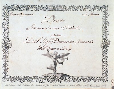 ドメニコ・チマローザの『Gli Orazi e i Curiazi』に収録されている「Svenami ormai crudele」の楽譜の最初のページ、1798年頃。 作： Unknown artist