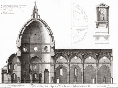 イタリア、フィレンツェ。サンタ・マリア・デル・フィオーリのドゥオーモ（大聖堂）。大聖堂の断面図。19世紀のエングレーヴィング（彫刻）の後に 作： Unknown artist