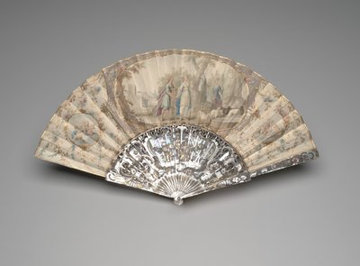 ジェイコブが井戸のそばでレイチェルと出会う扇子、1760年代から70年代頃（単一の羊皮紙の葉にガッシュと水彩、真珠層、金メッキとペーストの宝石） 作： Unknown artist
