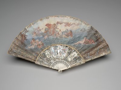 フランソワ・ブーシェの後、1753年以降、「太陽の設定」の扇子（ガッシュとベラムの葉、アイボリー、ギルディング、ガッシュ、マザーオブパール、ペーストの宝石） 作： Unknown artist