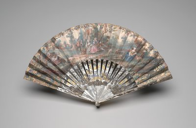 牧歌的なシーンの扇子、c.1740-60（二重紙の葉のガッシュ、マザーオブパール、金メッキとペーストの宝石） 作： Unknown artist
