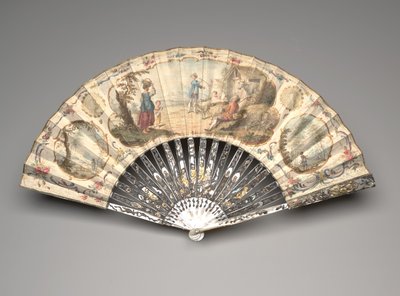 牧歌的なシーンの扇子、1770年代頃（単一のベラムの葉にガッシュとw - c、真珠層、金メッキとペーストの宝石） 作： Unknown artist