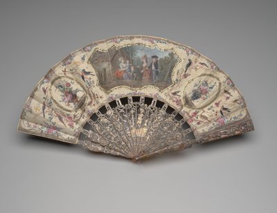 1780年頃のウェットナースへの訪問シーンの扇子（二重絹の葉、真鍮、金属糸、べっ甲、金メッキ、真珠層とペーストの宝石のガッシュ） 作： Unknown artist