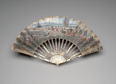 ポンヌフを望む扇子、1755-60年頃（二重ベラムの葉にガッシュと水彩、アイボリー、ギルディング、ガッシュ、マザーオブパール、ペーストの宝石） 作： Unknown artist