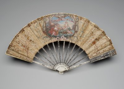 ヴィーナスの誕生の扇子、c.1770s-80s（単一の絹の葉、わら、真鍮、金属糸、骨、金メッキ、真珠層、ペーストの宝石にガッシュ） 作： Unknown artist