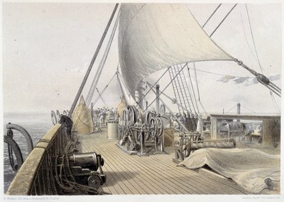 1858年8月11日、グラップリングの最後の試みのためにクリアされた前部デッキ - 1860年頃、W.H.ラッセルの "The Atlantic telegraph "にて 作： Unknown artist