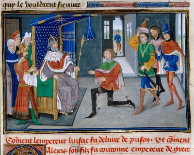 第4回十字軍：1203年に父イサク2世を脱獄させた後、イサク2世のそばで皇帝の冠をかぶっているアレクシス4世（1182-1204）の姿。ダヴィッド・オーベールの「Chronicle abregee」のミニチュア 作： Unknown artist