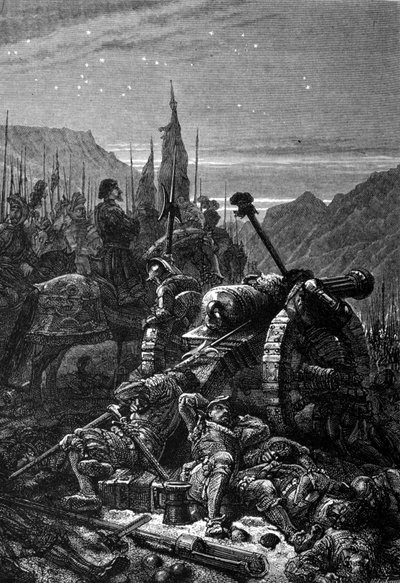 1515年9月、マリニャンの戦いの前夜、鞍に乗ったままのフランソワ1世（1494 - 1547）。19世紀のエングレーヴィング。 作： Unknown artist