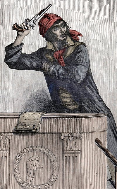 フランス革命。ジャン・ポール・マラット（1743-1793）の肖像、モンタニャール人の大会副官、演壇でピストルを構える。 作： Unknown artist