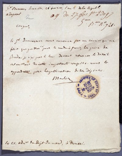 フランス革命：1793年2月26日付のデノム・メルリンからの手書きの手紙で、2月24日にデュムリエス将軍がオランダのブレダ市を攻略したことについて書かれている。ノール・リールの部門別アーカイブ 作： Unknown artist