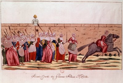 1789年のフランス革命：1789年10月5日、ヴェルサイユに向かう前衛女性たち。18世紀のエングレーヴィング。パリ、B. N. 作： Unknown artist