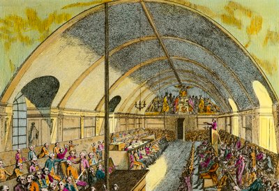 フランス革命：1789年にヴェルサイユで、1789年10月にパリで設立された政治結社「憲法の友」または「ジャコバン・クラブ」の会合の様子を、ここに描かれているジャコバン修道院で描いたもの。18日のエングレーヴィング 作： Unknown artist