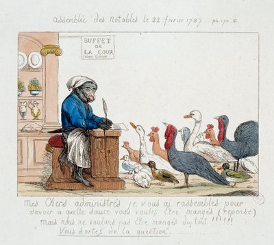 フランス革命。「The Assembllee des notables du 22 February 1787" 七面鳥、鶏、ガチョウ、七面鳥で構成された集会を主宰する猿のコックをした国王ルイ16世を描いた風刺画。18世紀に描かれたもの。パリ・カルナヴァレ美術館 作： Unknown artist